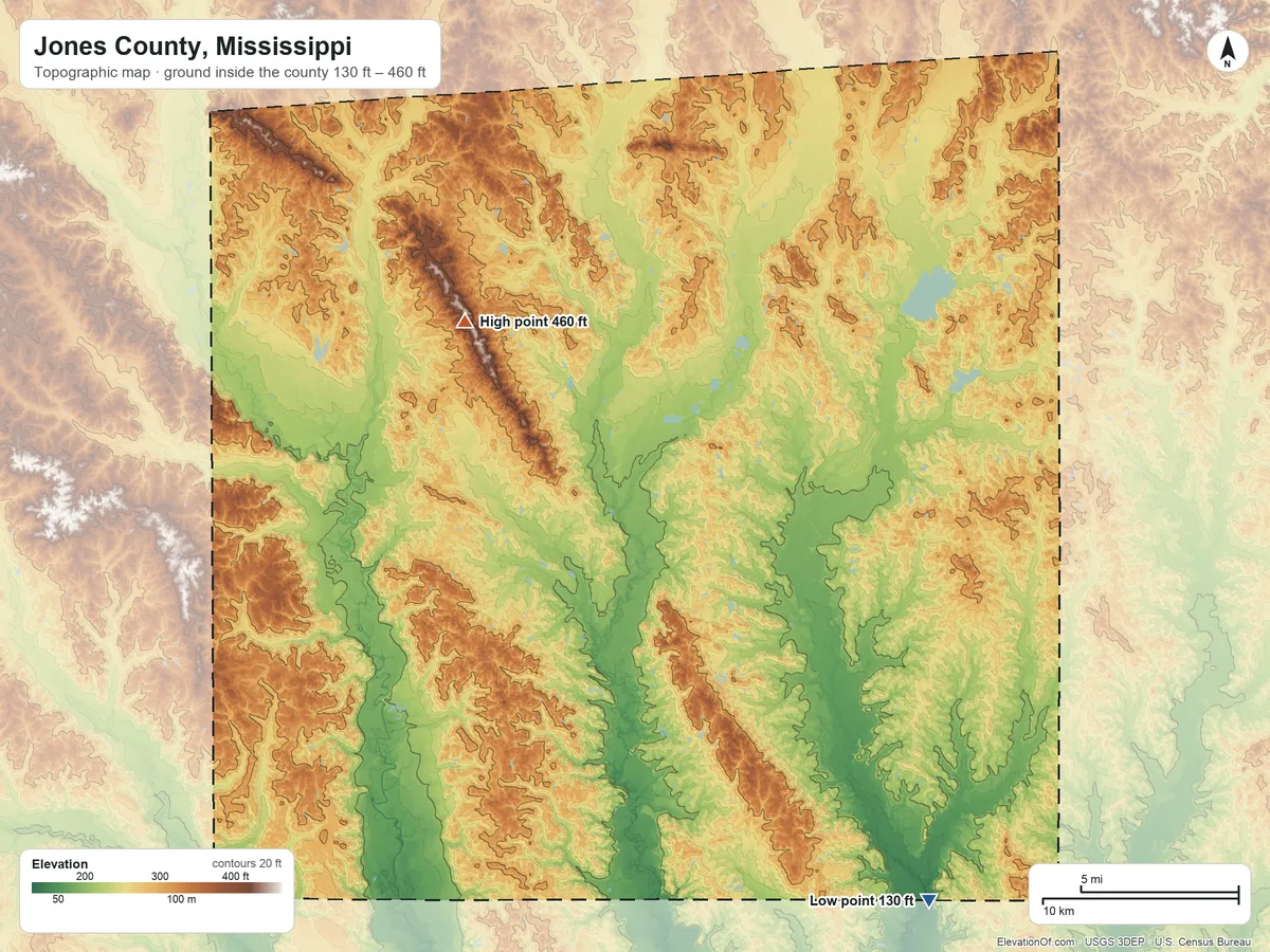 Topographic elevation map of Jones County, Mississippi, shaded from 130 ft on the southeast side to 460 ft on the northwest side