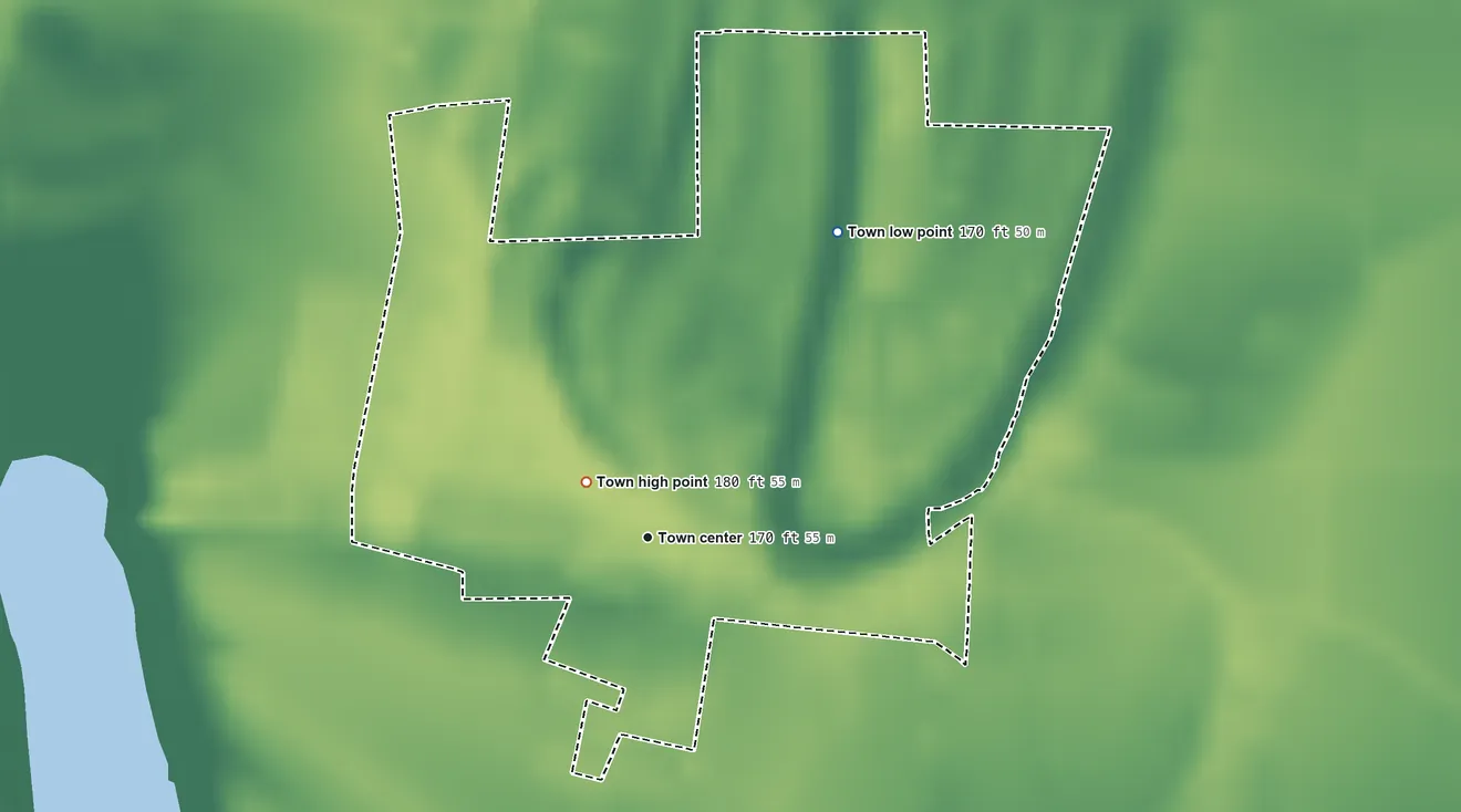 Topographic elevation map of Jonestown, Mississippi, shaded from 170 ft on the northeast side to 180 ft near the middle