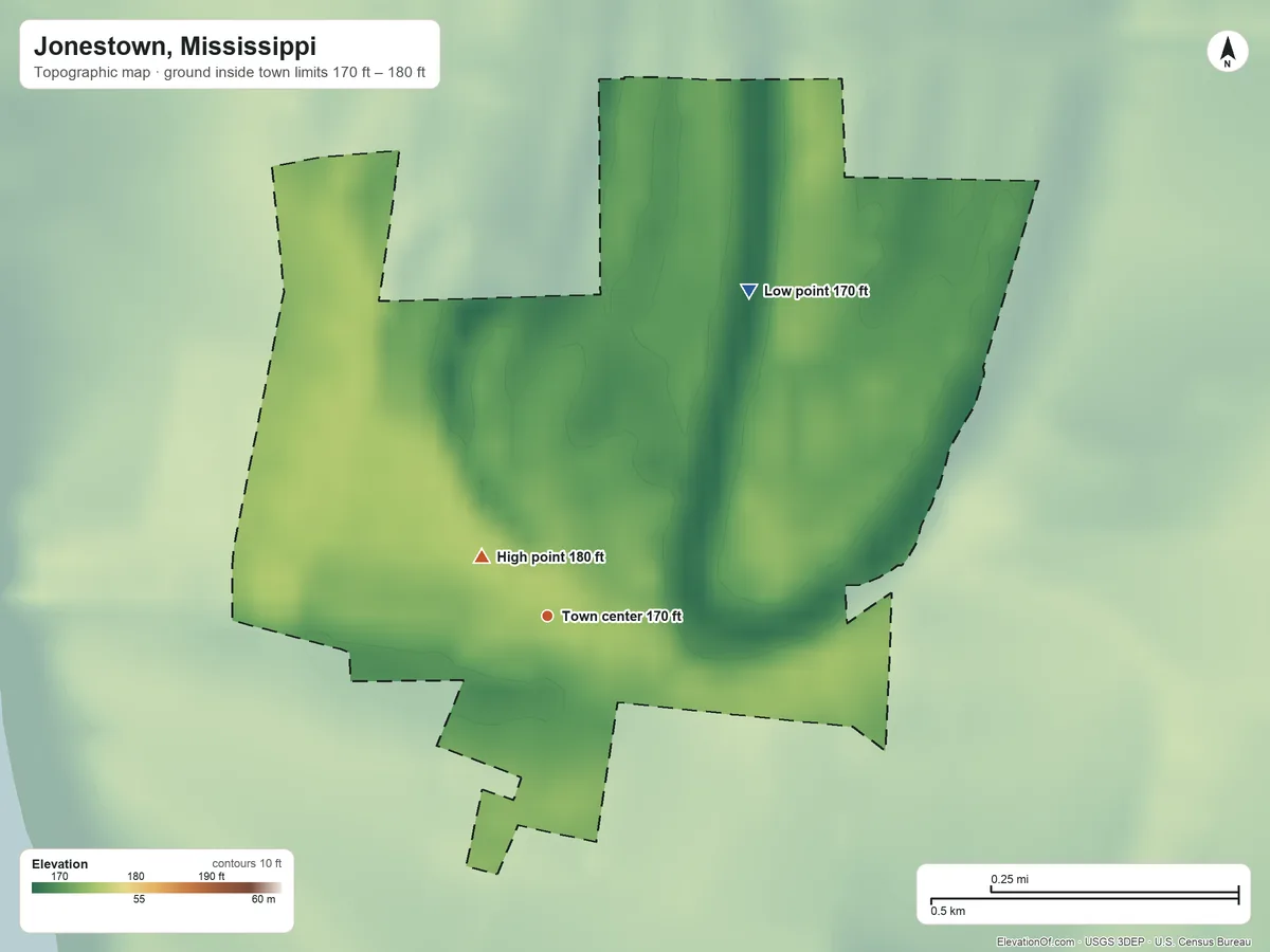 Topographic elevation map of Jonestown, Mississippi, shaded from 170 ft on the northeast side to 180 ft near the middle