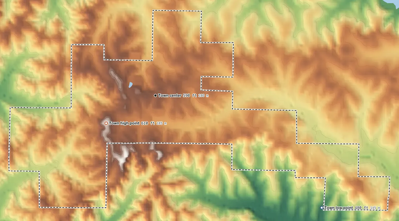 Topographic elevation map of Jumpertown, Mississippi, shaded from 480 ft on the southeast side to 610 ft on the southwest side