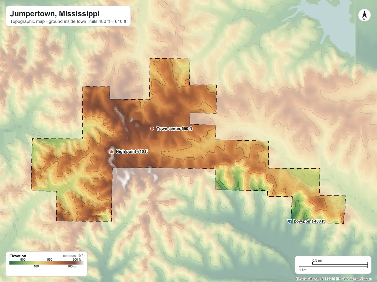 Topographic elevation map of Jumpertown, Mississippi, shaded from 480 ft on the southeast side to 610 ft on the southwest side
