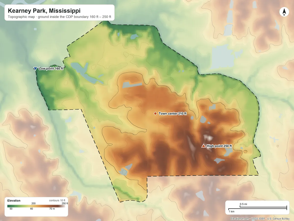 Topographic elevation map of Kearney Park, Mississippi, shaded from 160 ft on the west side to 250 ft on the southeast side