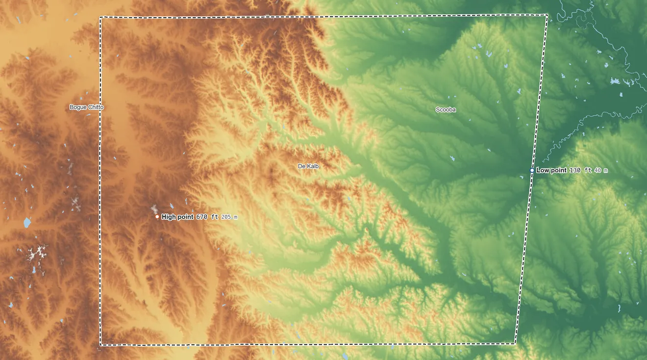 Topographic elevation map of Kemper County, Mississippi, shaded from 130 ft on the east side to 670 ft on the west side