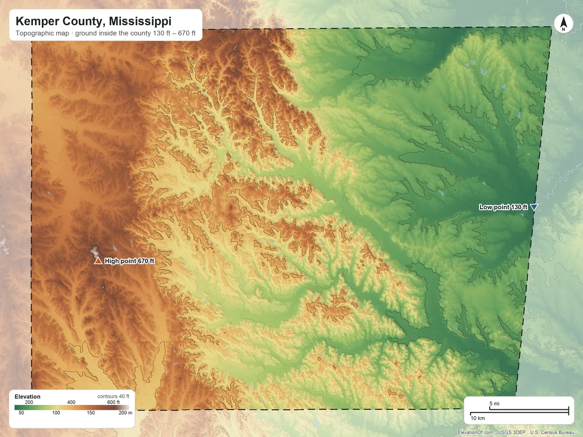 Topographic elevation map of Kemper County, Mississippi, shaded from 130 ft on the east side to 670 ft on the west side