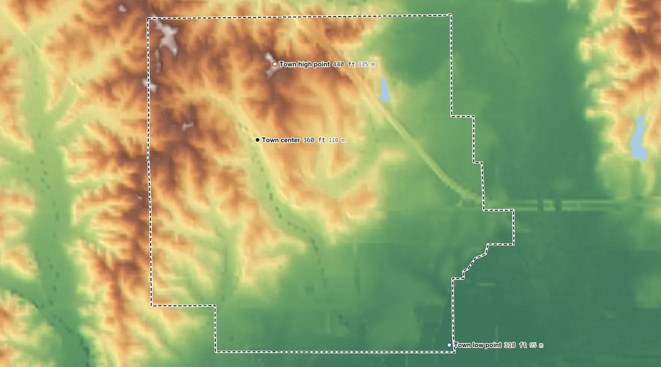 Topographic elevation map of Kilmichael, Mississippi, shaded from 310 ft on the southeast side to 440 ft on the north side