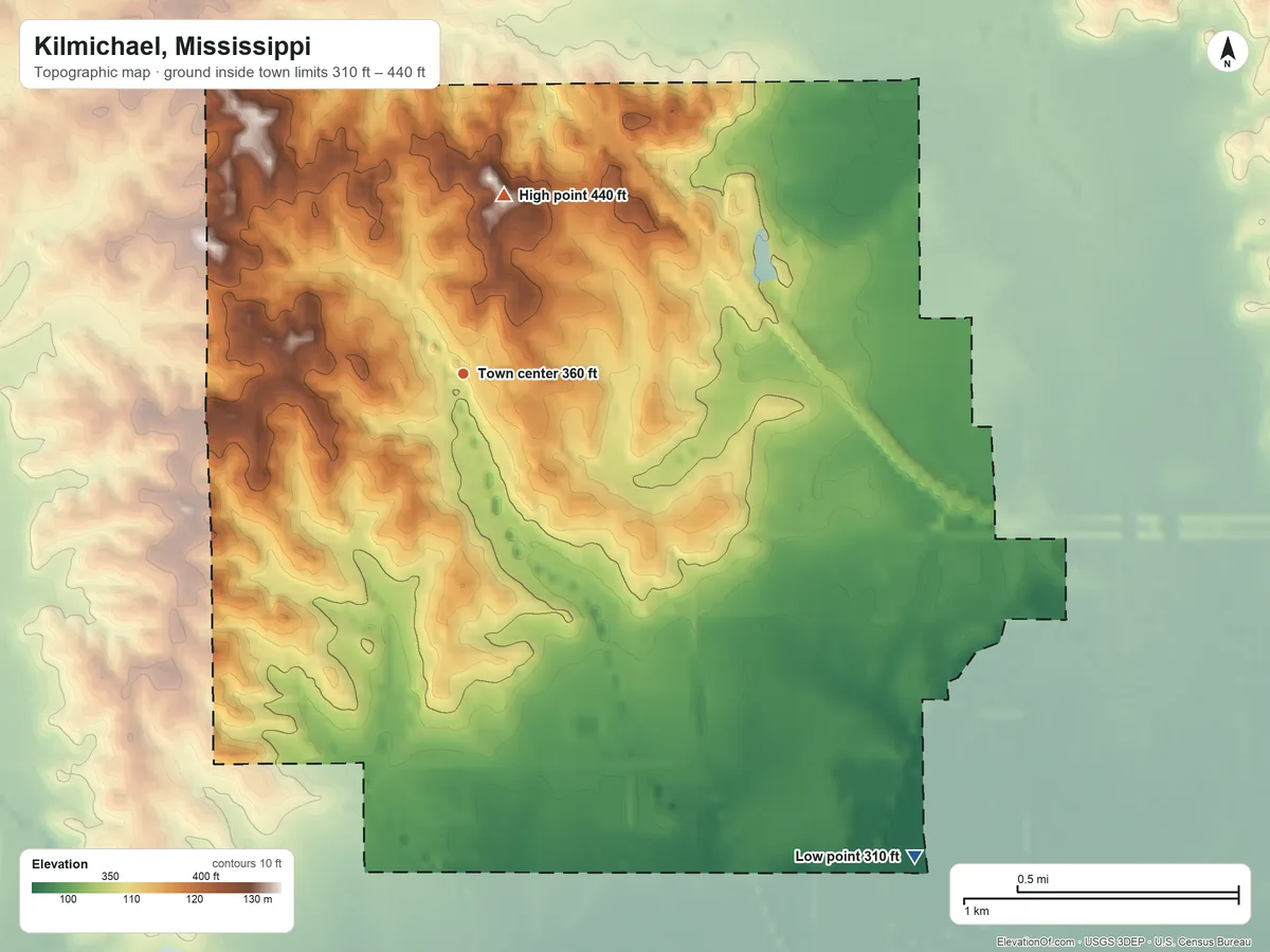 Topographic elevation map of Kilmichael, Mississippi, shaded from 310 ft on the southeast side to 440 ft on the north side