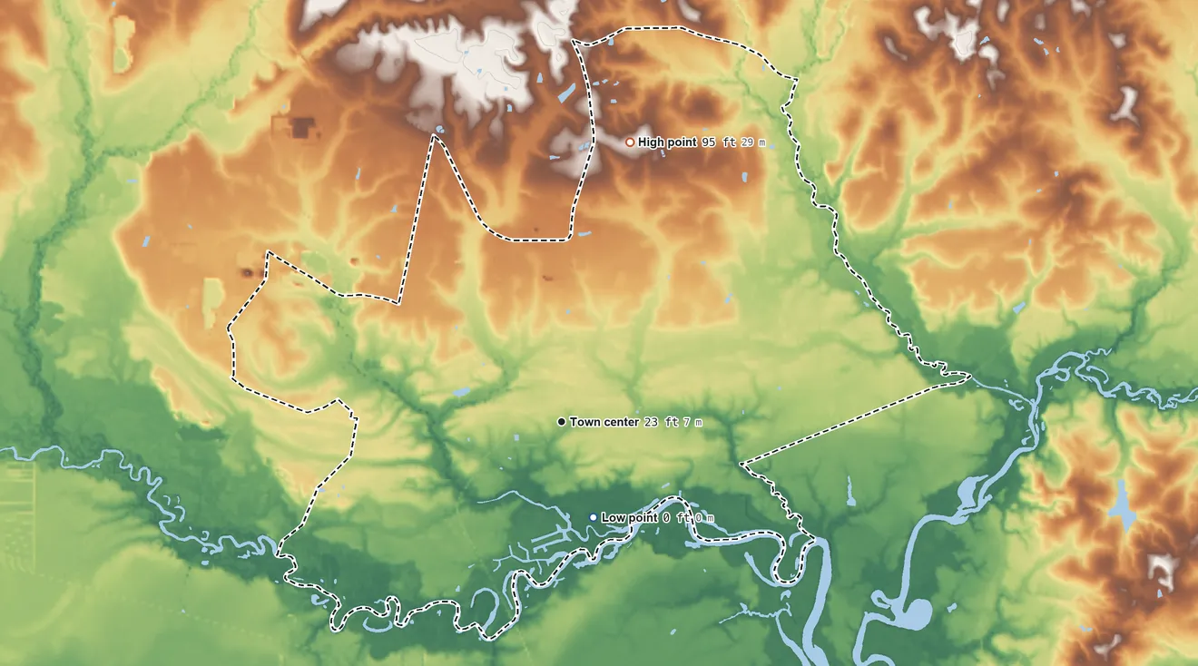 Topographic elevation map of Kiln, Mississippi, shaded from 0 ft on the south side to 95 ft on the north side
