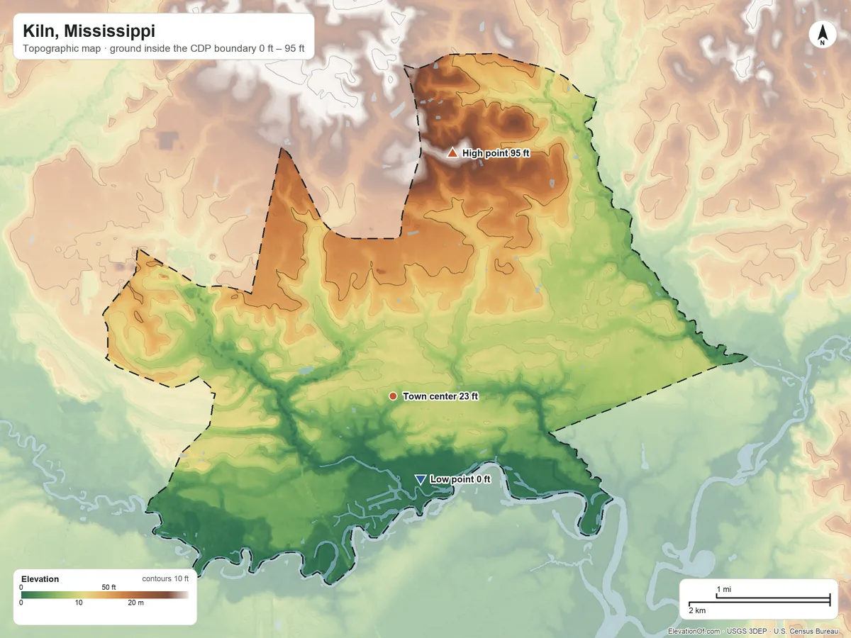 Topographic elevation map of Kiln, Mississippi, shaded from 0 ft on the south side to 95 ft on the north side