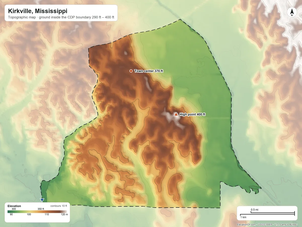 Topographic elevation map of Kirkville, Mississippi, shaded from 290 ft on the southwest side to 400 ft on the southeast side