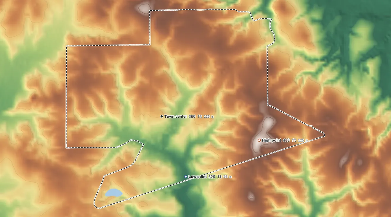 Topographic elevation map of Kokomo, Mississippi, shaded from 320 ft on the south side to 410 ft on the east side
