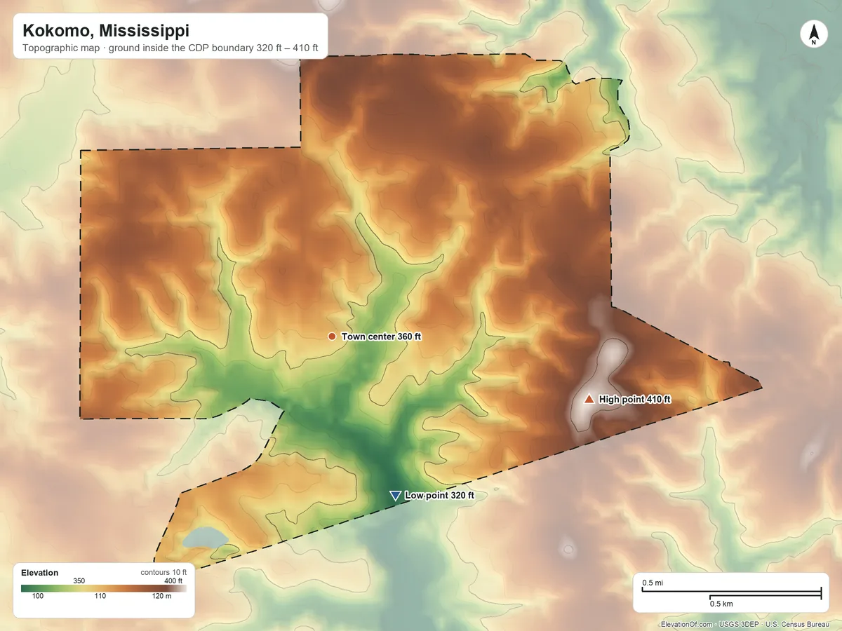 Topographic elevation map of Kokomo, Mississippi, shaded from 320 ft on the south side to 410 ft on the east side