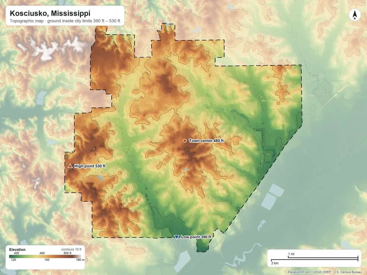 Topographic elevation map of Kosciusko, Mississippi, shaded from 390 ft on the south side to 530 ft on the west side