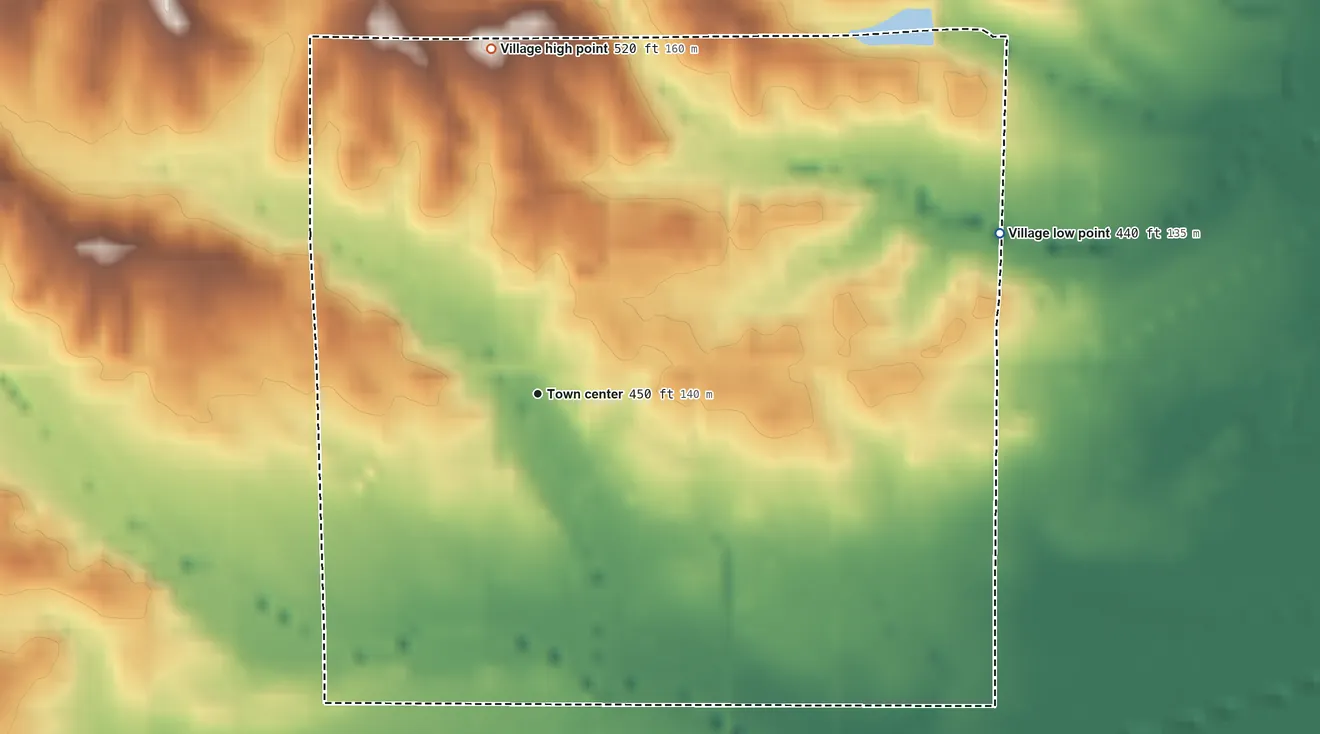 Topographic elevation map of Kossuth, Mississippi, shaded from 440 ft on the east side to 520 ft on the north side