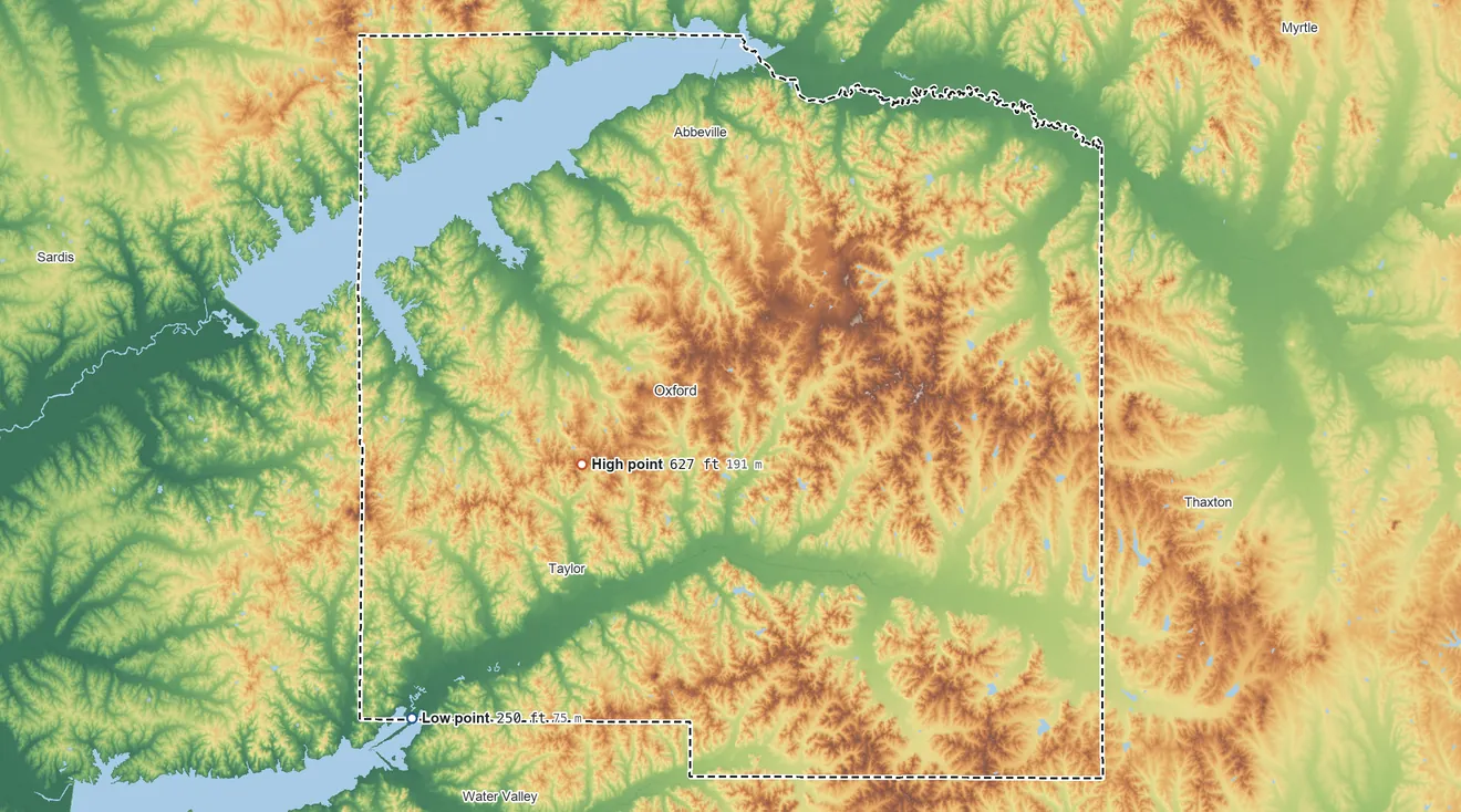 Topographic elevation map of Lafayette County, Mississippi, shaded from 250 ft on the southwest side to 627 ft on Thacker Mountain