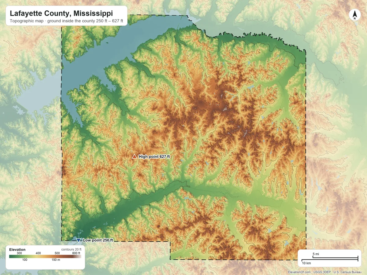 Topographic elevation map of Lafayette County, Mississippi, shaded from 250 ft on the southwest side to 627 ft on Thacker Mountain
