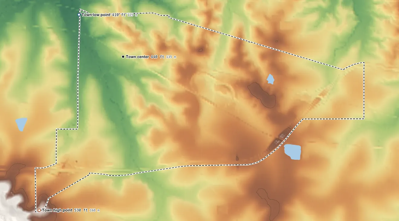 Topographic elevation map of Lake, Mississippi, shaded from 410 ft on the northwest side to 530 ft on the southwest side