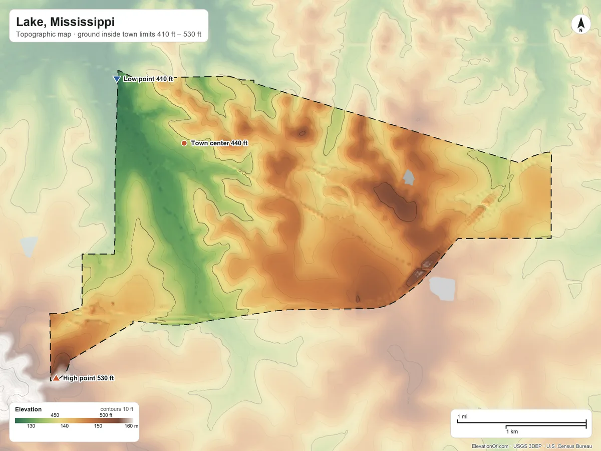 Topographic elevation map of Lake, Mississippi, shaded from 410 ft on the northwest side to 530 ft on the southwest side