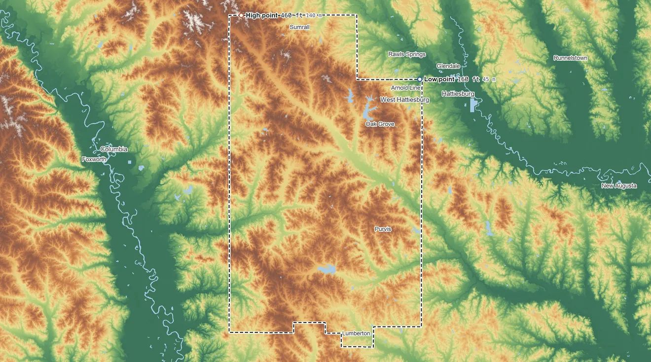 Topographic elevation map of Lamar County, Mississippi, shaded from 160 ft on the northeast side to 460 ft on the northwest side
