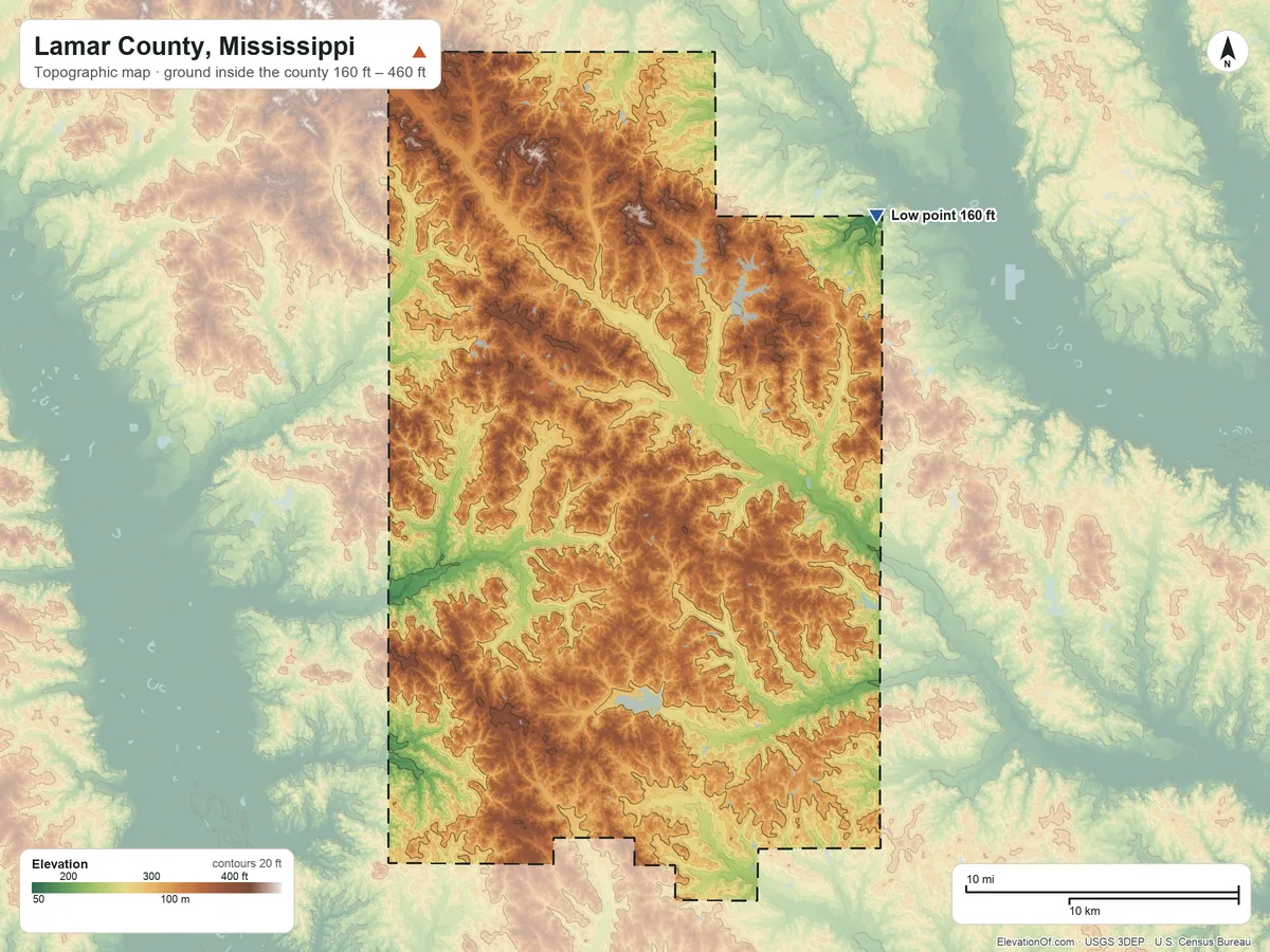 Topographic elevation map of Lamar County, Mississippi, shaded from 160 ft on the northeast side to 460 ft on the northwest side