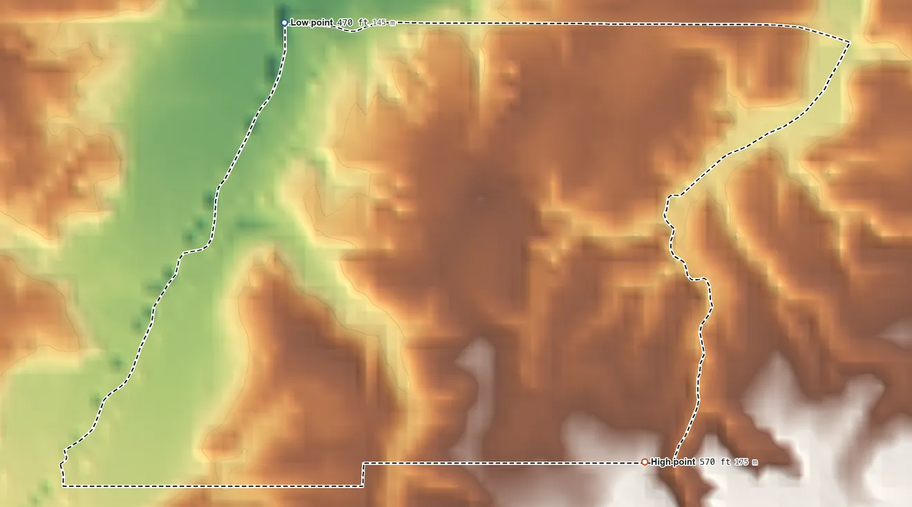 Topographic elevation map of Lamar, Mississippi, shaded from 470 ft on the northwest side to 570 ft on the southeast side