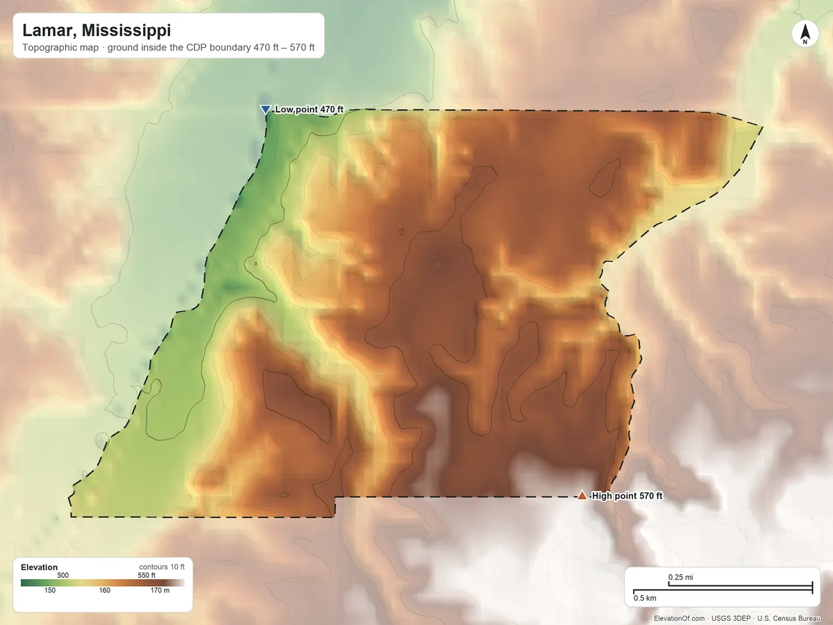 Topographic elevation map of Lamar, Mississippi, shaded from 470 ft on the northwest side to 570 ft on the southeast side