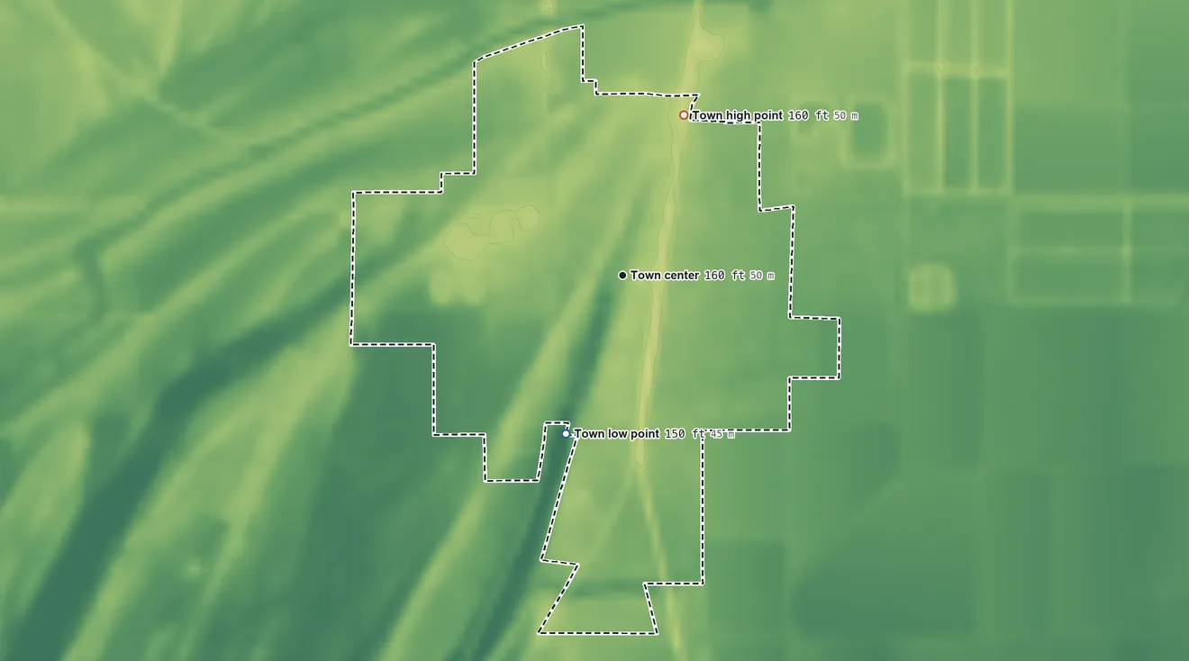 Topographic elevation map of Lambert, Mississippi, shaded from 150 ft on the south side to 160 ft on the north side
