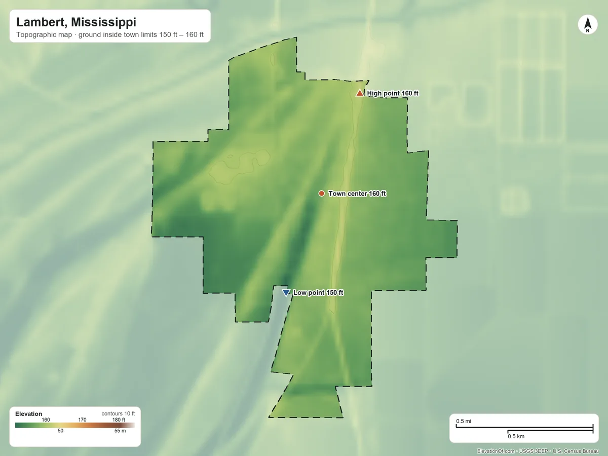 Topographic elevation map of Lambert, Mississippi, shaded from 150 ft on the south side to 160 ft on the north side