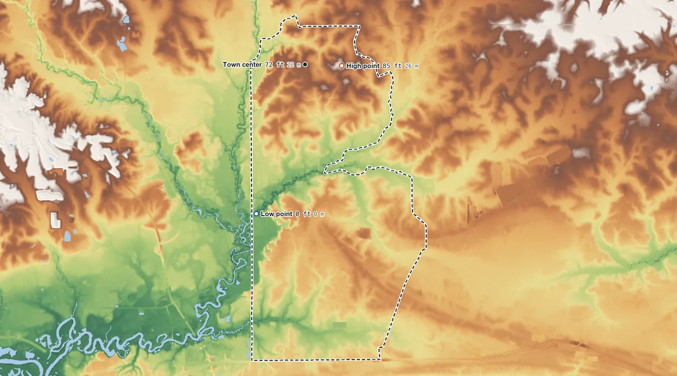 Topographic elevation map of Latimer, Mississippi, shaded from 0 ft on the south side to 85 ft near the middle