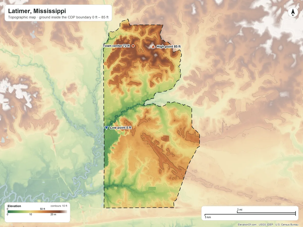 Topographic elevation map of Latimer, Mississippi, shaded from 0 ft on the south side to 85 ft near the middle