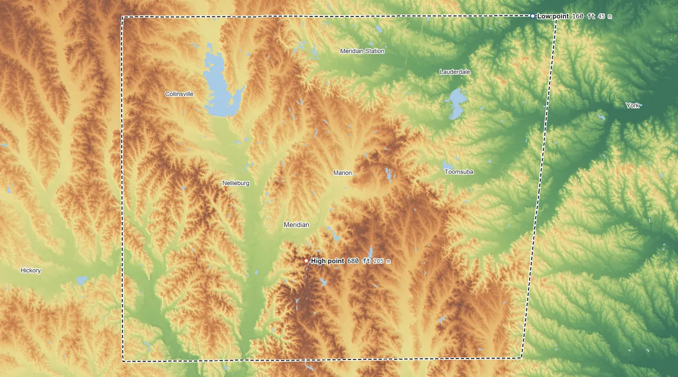 Topographic elevation map of Lauderdale County, Mississippi, shaded from 160 ft on the northeast side to 680 ft on the southwest side