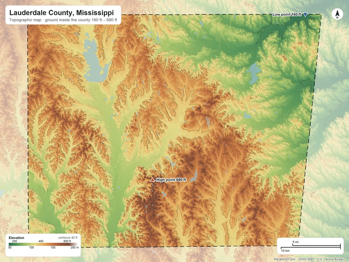 Topographic elevation map of Lauderdale County, Mississippi, shaded from 160 ft on the northeast side to 680 ft on the southwest side