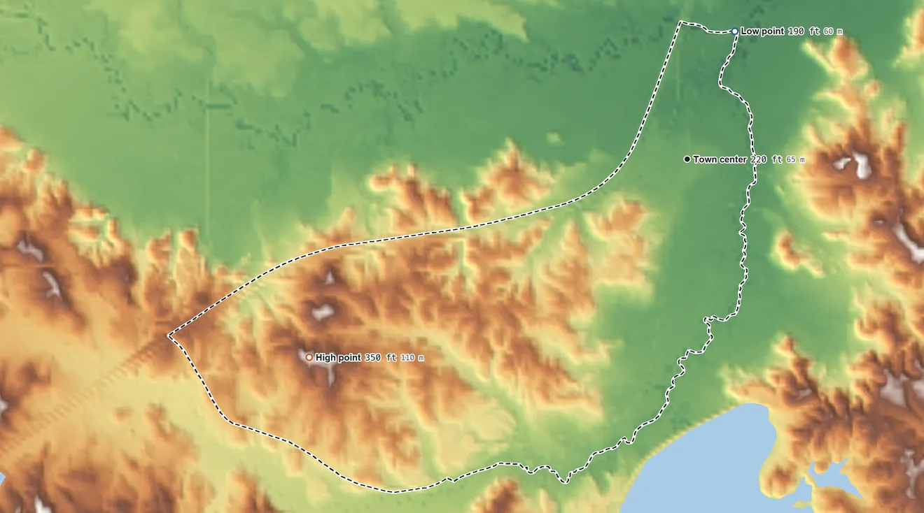 Topographic elevation map of Lauderdale, Mississippi, shaded from 190 ft on the north side to 350 ft on the southwest side