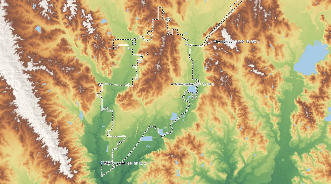 Topographic elevation map of Laurel, Mississippi, shaded from 190 ft on the southwest side to 330 ft on the northeast side