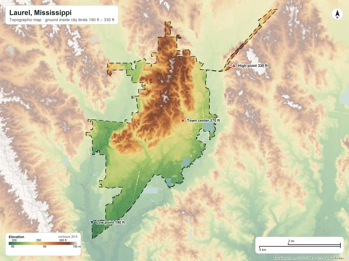 Topographic elevation map of Laurel, Mississippi, shaded from 190 ft on the southwest side to 330 ft on the northeast side