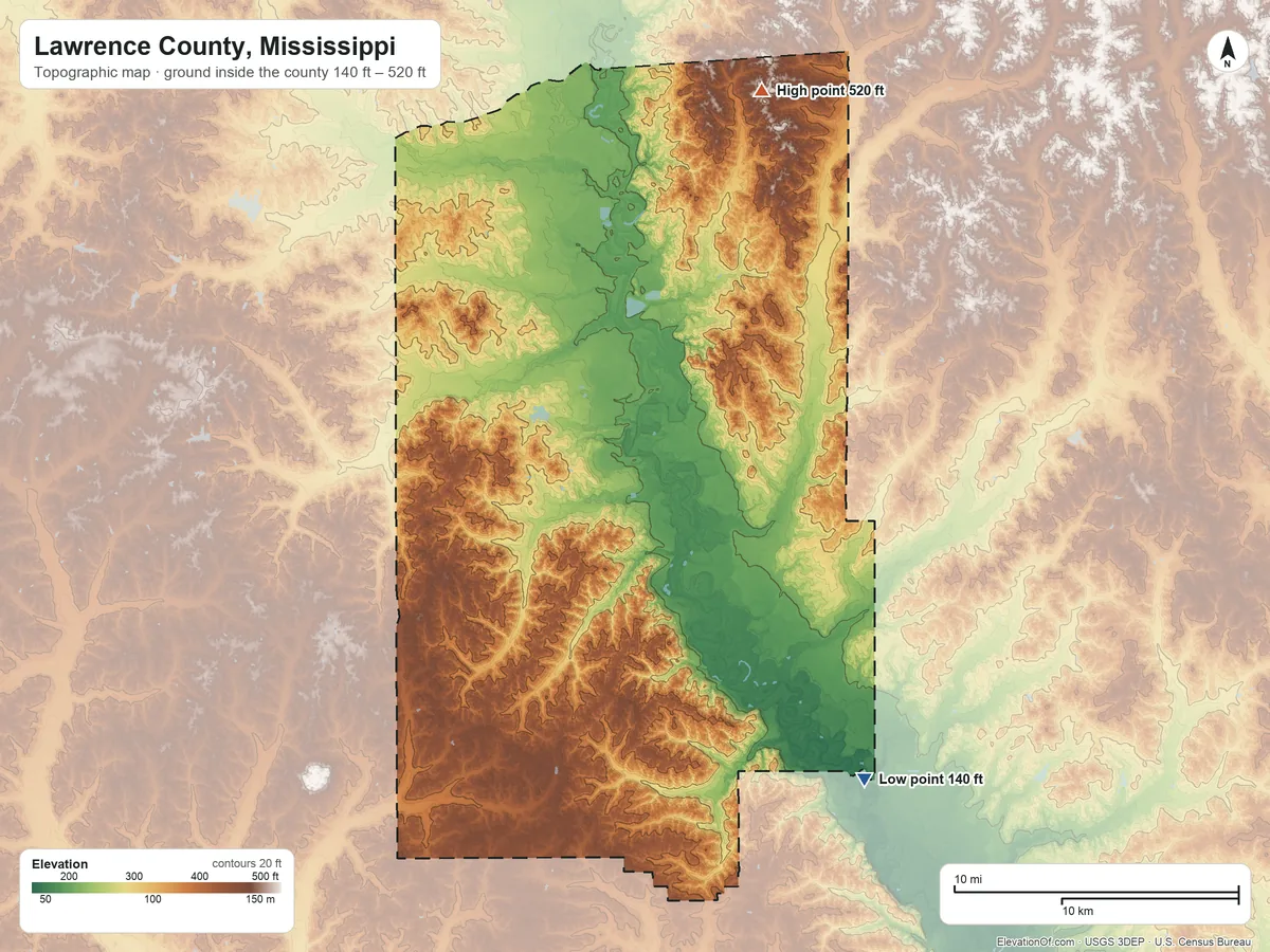 Topographic elevation map of Lawrence County, Mississippi, shaded from 140 ft on the southeast side to 520 ft on the north side