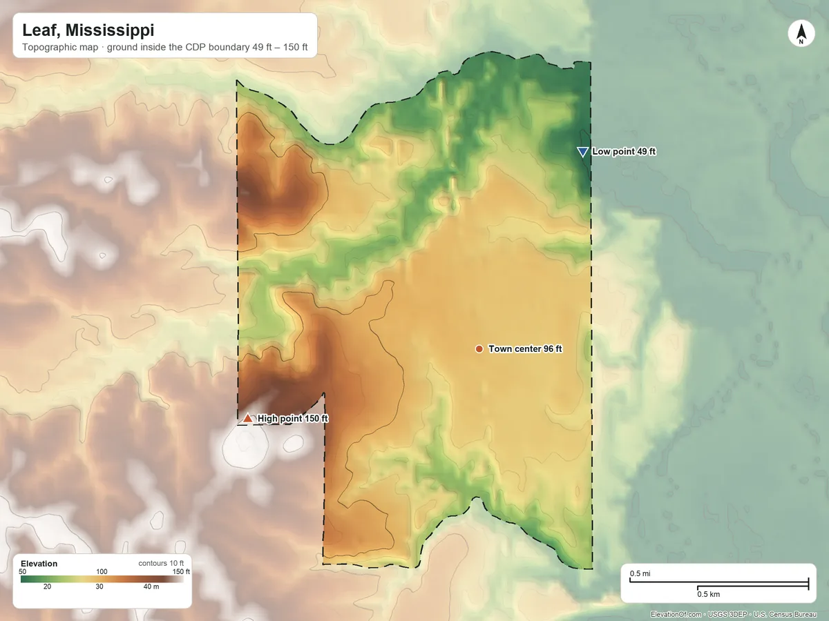 Topographic elevation map of Leaf, Mississippi, shaded from 49 ft on the northeast side to 150 ft on the west side