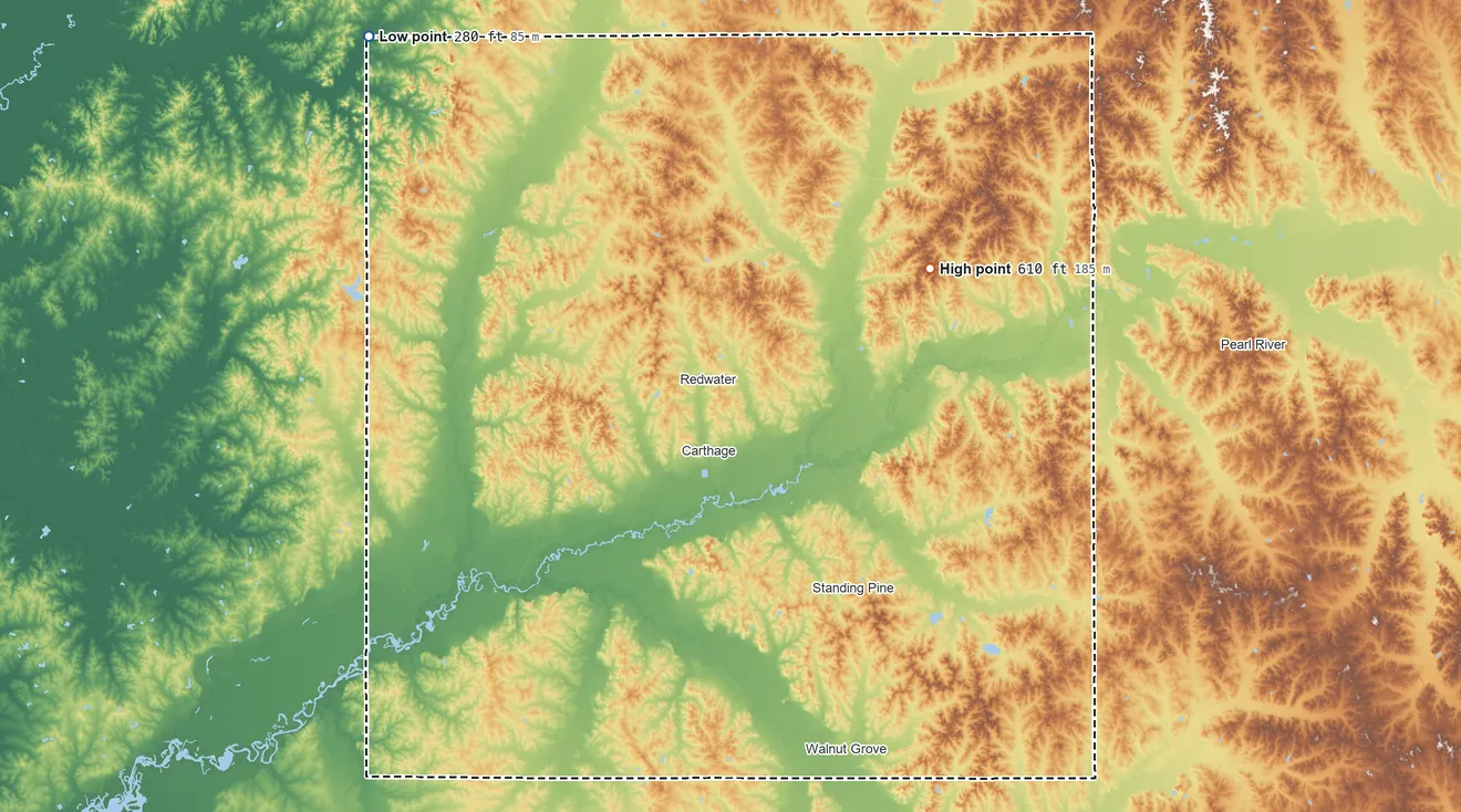 Topographic elevation map of Leake County, Mississippi, shaded from 280 ft on the northwest side to 610 ft on the northeast side