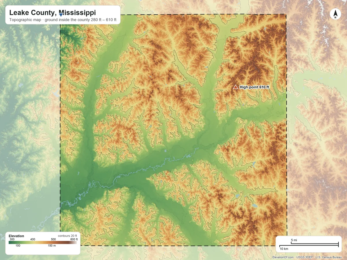 Topographic elevation map of Leake County, Mississippi, shaded from 280 ft on the northwest side to 610 ft on the northeast side