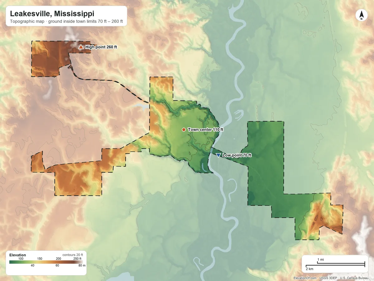 Topographic elevation map of Leakesville, Mississippi, shaded from 70 ft on the southeast side to 260 ft on the northwest side