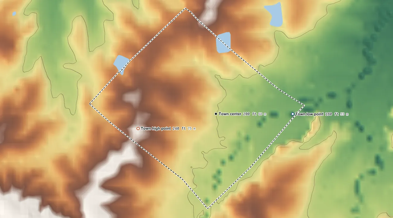 Topographic elevation map of Learned, Mississippi, shaded from 180 ft on the east side to 240 ft on the west side
