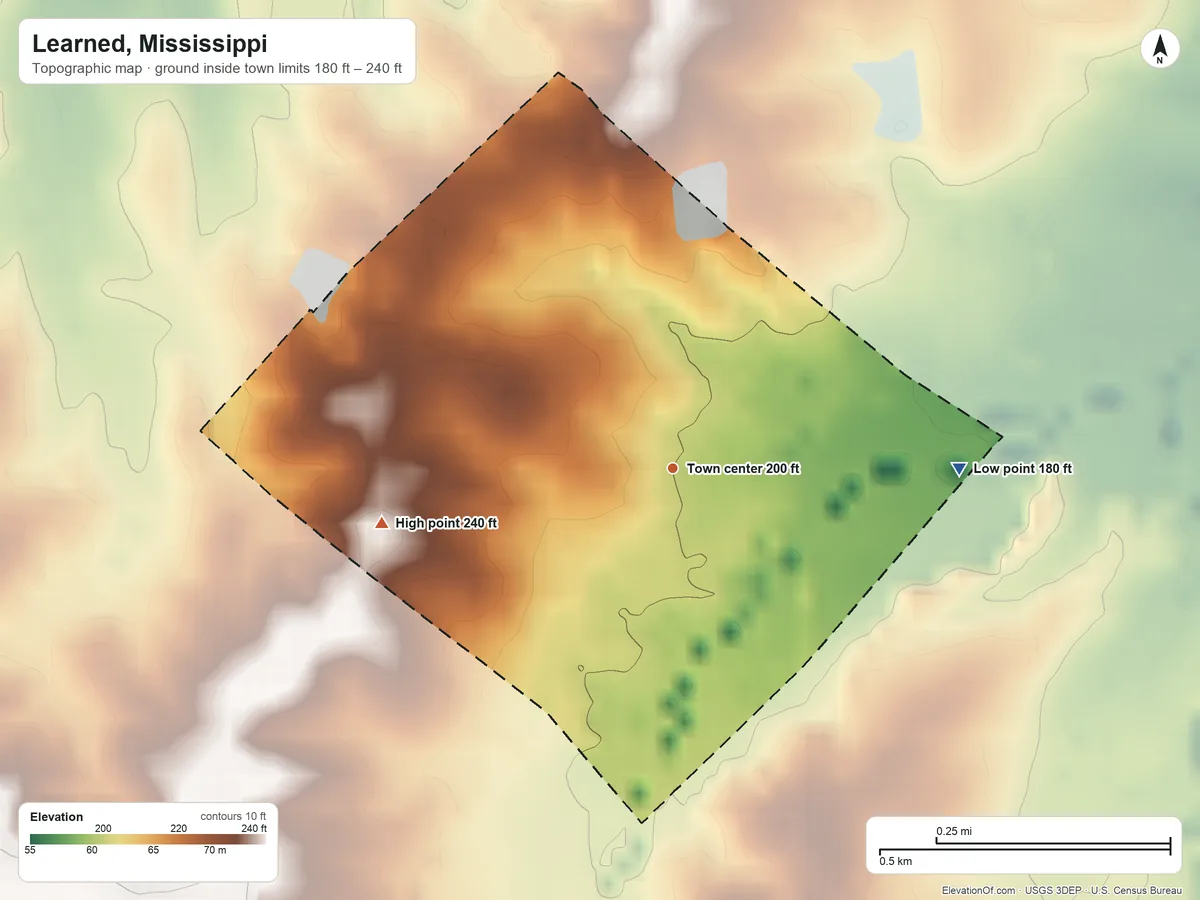 Topographic elevation map of Learned, Mississippi, shaded from 180 ft on the east side to 240 ft on the west side