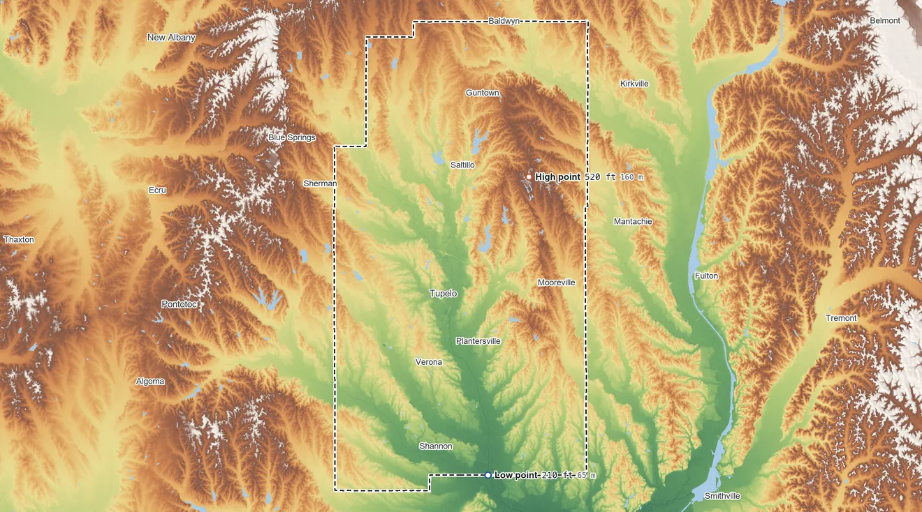 Topographic elevation map of Lee County, Mississippi, shaded from 210 ft on the south side to 520 ft on the northeast side