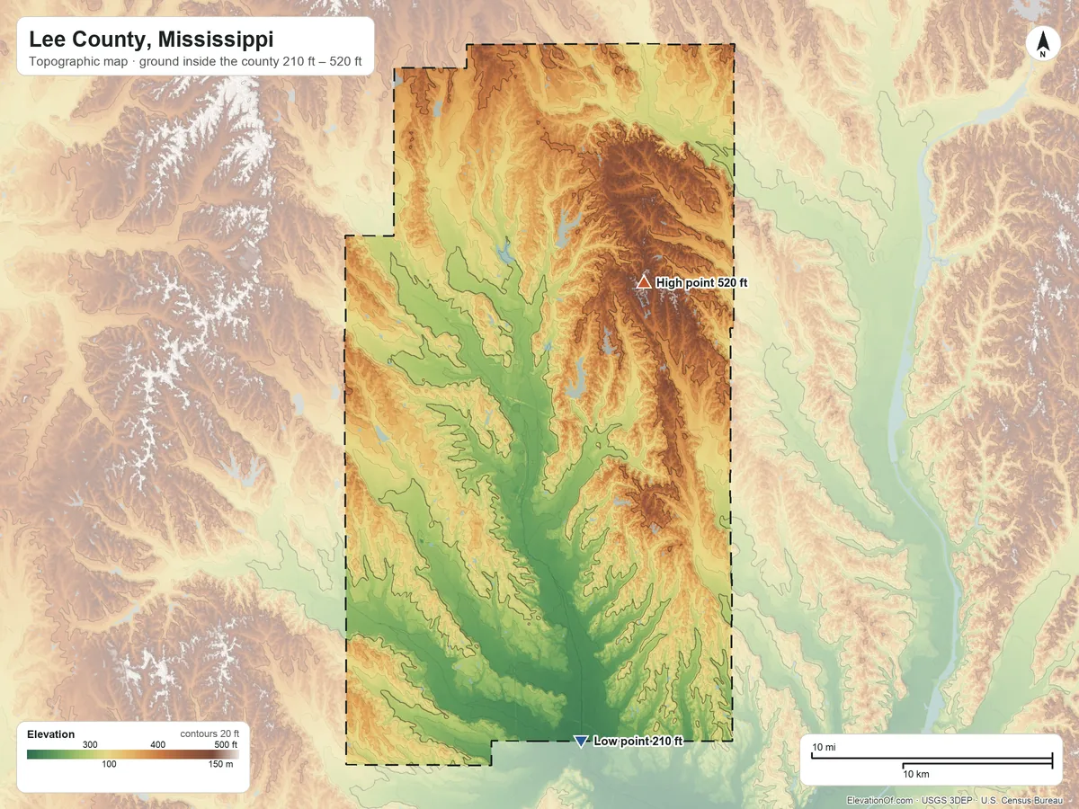 Topographic elevation map of Lee County, Mississippi, shaded from 210 ft on the south side to 520 ft on the northeast side
