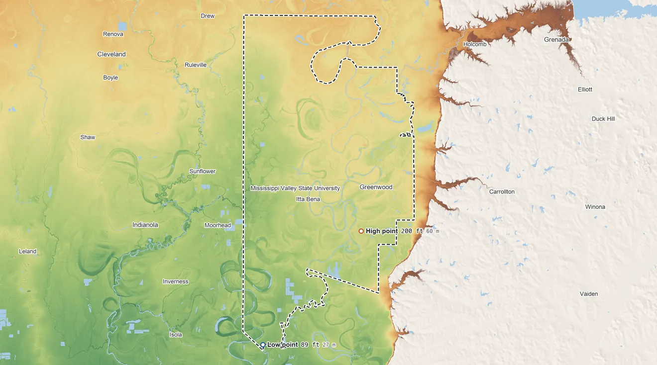 Topographic elevation map of Leflore County, Mississippi, shaded from 89 ft on the south side to 200 ft on the southeast side