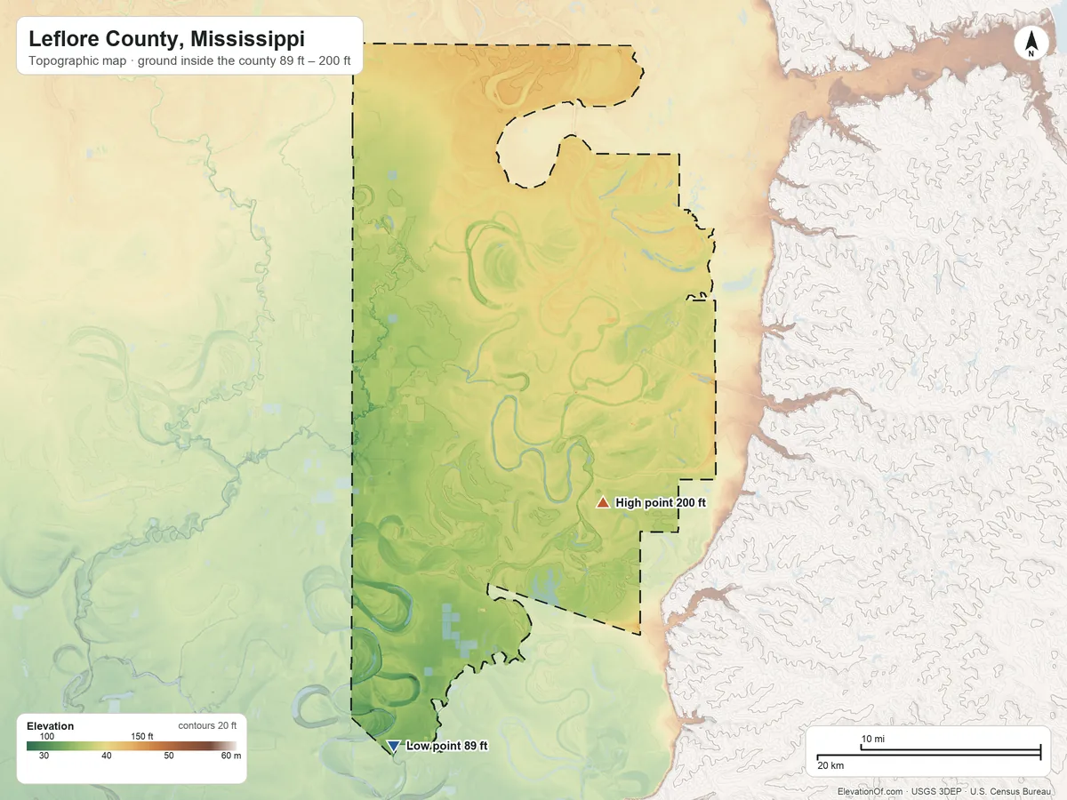 Topographic elevation map of Leflore County, Mississippi, shaded from 89 ft on the south side to 200 ft on the southeast side