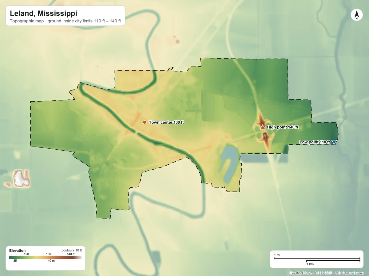 Topographic elevation map of Leland, Mississippi, shaded from 110 ft on the east side to 140 ft on the east side