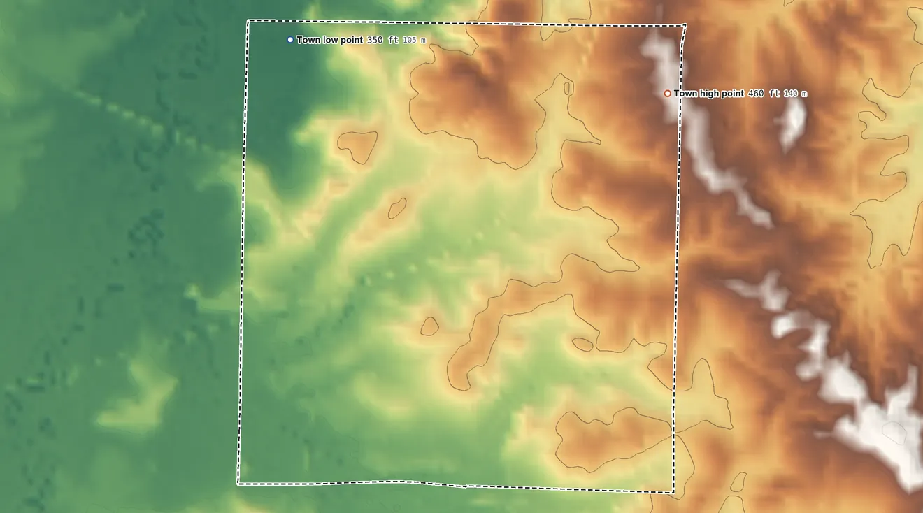 Topographic elevation map of Lena, Mississippi, shaded from 350 ft on the northwest side to 460 ft on the northeast side