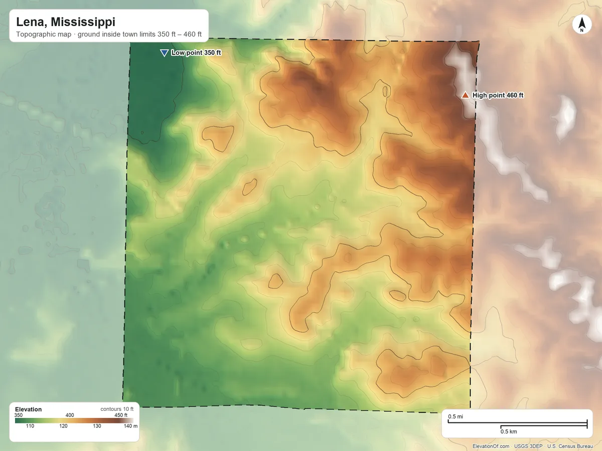 Topographic elevation map of Lena, Mississippi, shaded from 350 ft on the northwest side to 460 ft on the northeast side