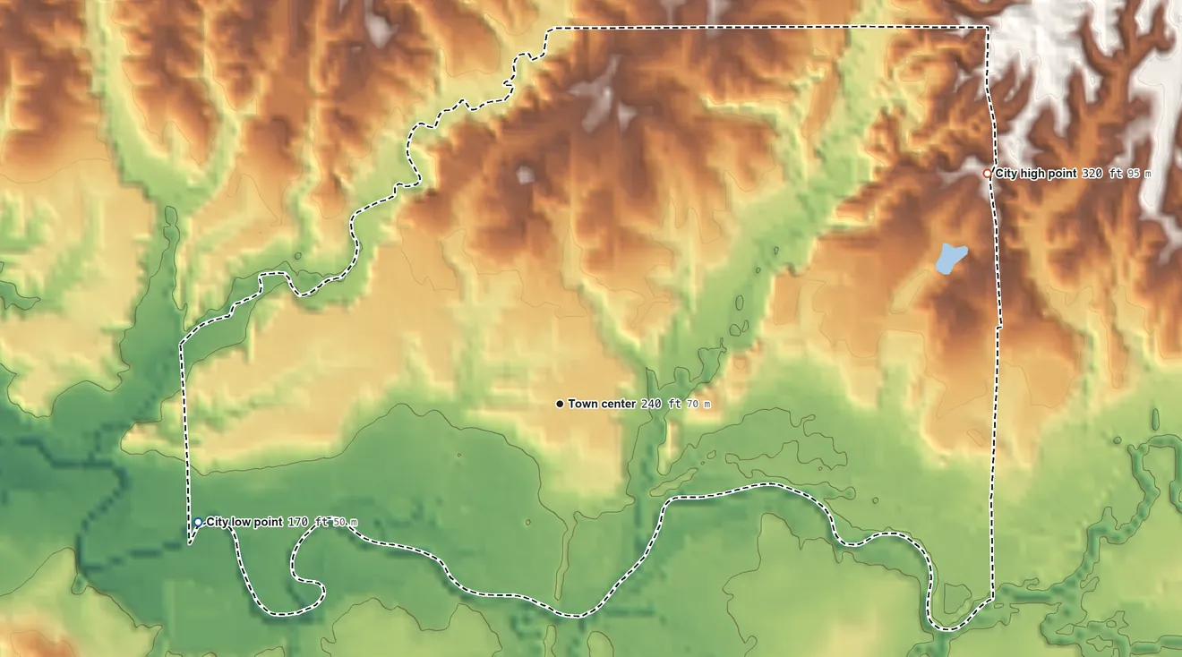 Topographic elevation map of Lexington, Mississippi, shaded from 170 ft on the west side to 320 ft on the northeast side