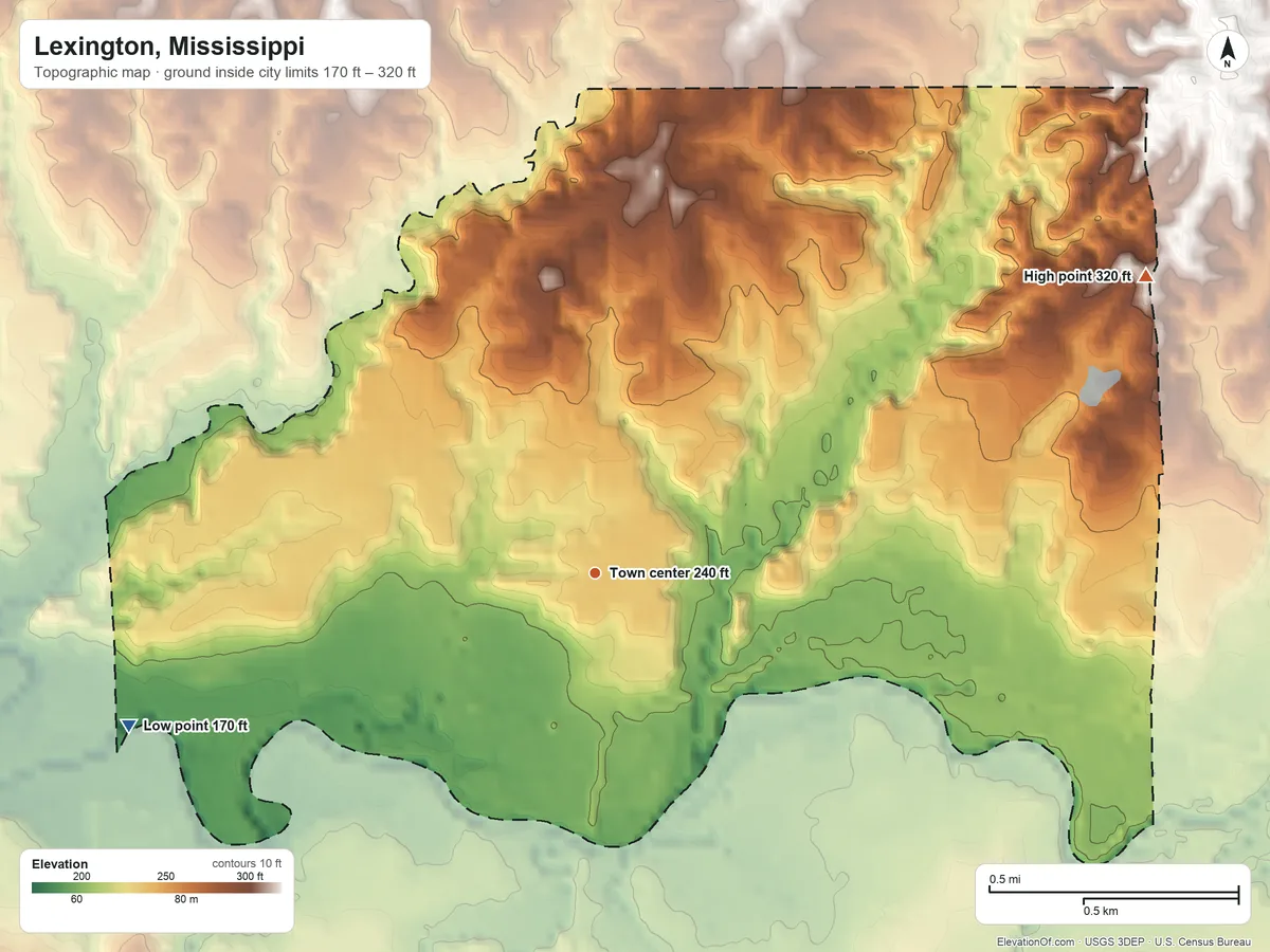 Topographic elevation map of Lexington, Mississippi, shaded from 170 ft on the west side to 320 ft on the northeast side